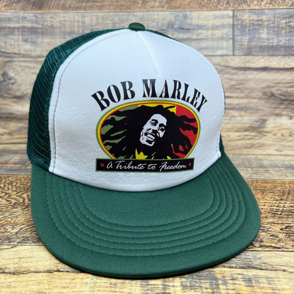 Retro Bob Marley Mens Trucker Hat Green Snapback Tribute To Freedom Restaurant - Picture 1 of 7